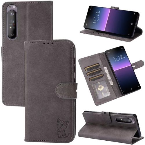 Compatible Con Coque Sony Xperia 5 Iii En Cuir Portefeuille Etui Avec Fentes De Cartes, Fonction Support+Film De Protection D?Écran, Flip Case Housse-Gris
