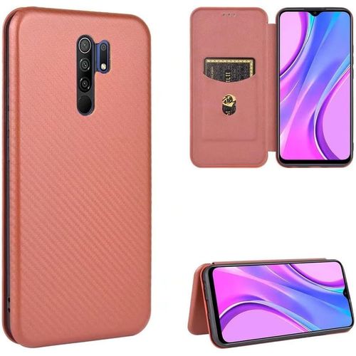 Compatible Avec Coque Xiaomi Redmi 9, Mince Flip Fibre De Carbone [Test De Chute] Antichoc Stand Fente Avec Carte, Protecteur D'écran En Verre Trempé*2-Marron