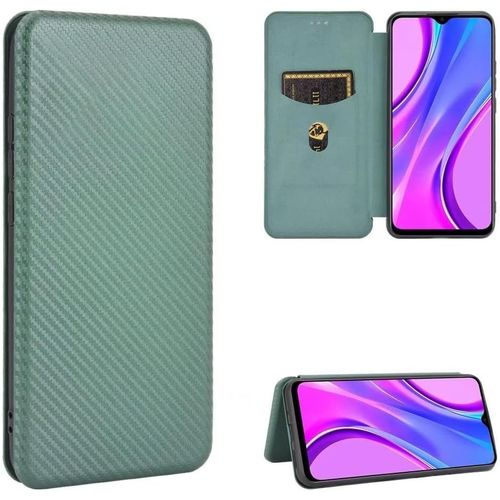 Compatible Avec Coque Xiaomi Redmi 9 Power, Mince Flip Fibre De Carbone [Test De Chute] Antichoc Stand Fente Avec Carte, Protecteur D'écran En Verre Trempé*2-Vert