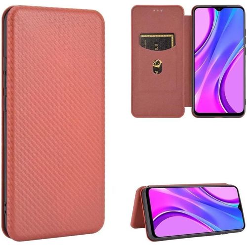 Compatible Avec Coque Xiaomi Redmi 9 Power, Mince Flip Fibre De Carbone [Test De Chute] Antichoc Stand Fente Avec Carte, Protecteur D'écran En Verre Trempé*2-Marron