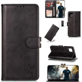 Compatible Con Coque Samsung Galaxy A12 En Cuir Portefeuille Etui Avec Fentes De Cartes, Fonction Support+Film De Protection D?Écran, Flip Case Housse-Noir