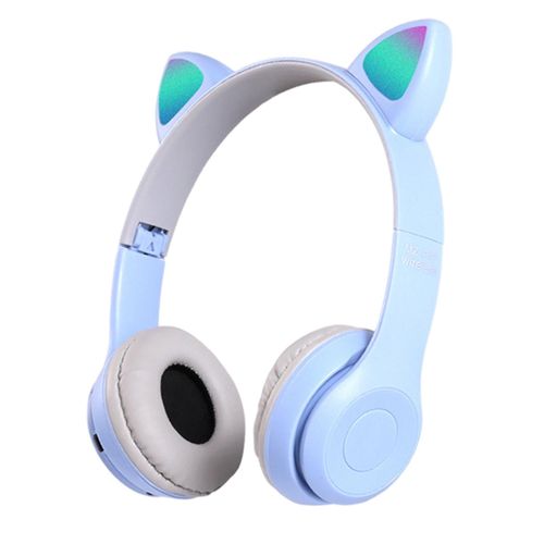 Oreilles de chat Casque sans fil Stéréo Bluetooth RGB Light Cache-oreilles souples uniques Lecteur MP3 Casque de joueur pour téléphones portables vidéo Chansons de jeu PC - Bleu clair,
