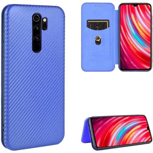 Compatible Avec Coque Xiaomi Redmi Note 8 Pro, Mince Flip Fibre De Carbone [Test De Chute] Antichoc Stand Fente Avec Carte, Protecteur D'écran En Verre Trempé*2-Bleu