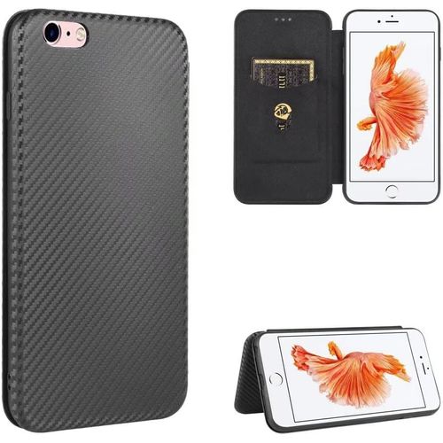 Compatible Avec Coque Iphone 6 Plus, Mince Flip Fibre De Carbone [Test De Chute] Antichoc Stand Fente Avec Carte, Protecteur D'écran En Verre Trempé*2-Noir