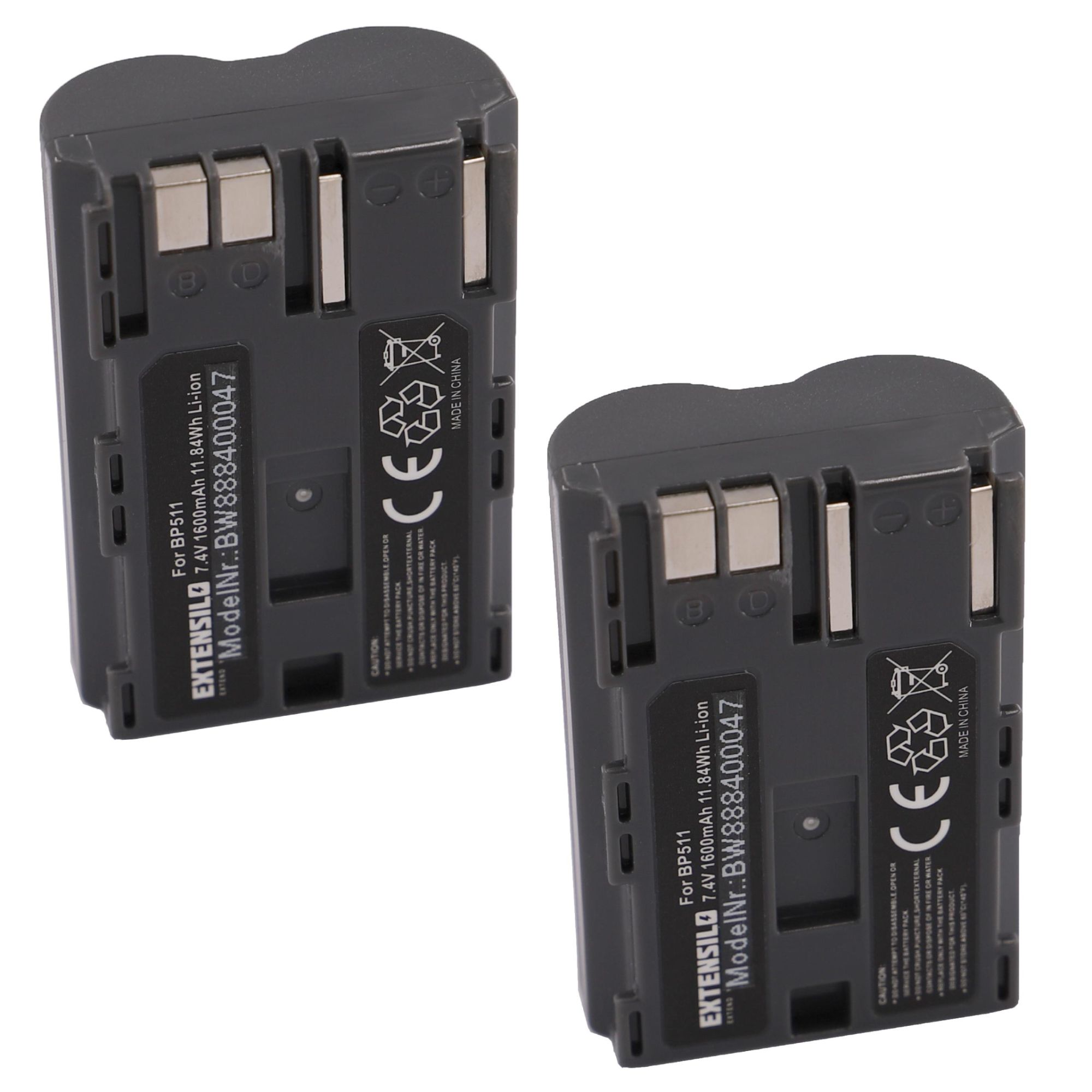 EXTENSILO 2x Batteries remplacement pour Canon BP-508, BP-511A, BP-512, BP-514, BP-511 pour appareil photo, reflex numérique (1600mAh, 7,4V, Li-ion)