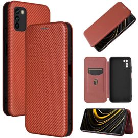 Compatible Avec Coque Xiaomi Poco M3, Mince Flip Fibre De Carbone [Test De Chute] Antichoc Stand Fente Avec Carte, Protecteur D'écran En Verre Trempé*2-Marron