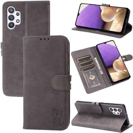 Compatible Con Coque Samsung Galaxy A32 4g En Cuir Portefeuille Etui Avec Fentes De Cartes, Fonction Support+Film De Protection D?Écran, Flip Case Housse-Gris