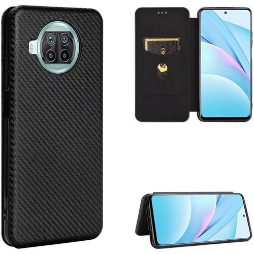 Compatible Avec Coque Xiaomi Redmi Note 9 Pro 5g, Mince Flip Fibre De Carbone [Test De Chute] Antichoc Stand Fente Avec Carte, Protecteur D'écran En Verre Trempé*2-Noir