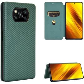 Compatible Avec Coque Xiaomi Poco X3 Nfc, Mince Flip Fibre De Carbone [Test De Chute] Antichoc Stand Fente Avec Carte, Protecteur D'écran En Verre Trempé*2-Vert