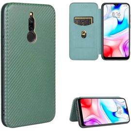 Compatible Avec Coque Xiaomi Redmi 8, Mince Flip Fibre De Carbone [Test De Chute] Antichoc Stand Fente Avec Carte, Protecteur D'écran En Verre Trempé*2-Vert