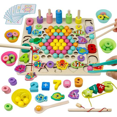 Jouet Montessori en Bois 4 en 1,Jeu de Pêche Magnetique,connaissance des  couleurs,Apprendre à Compter,Jeux de Société Éducatif Puzzle,Enfant Cadeau  Fille Garcon 3 4 5 6 Ans[Y]