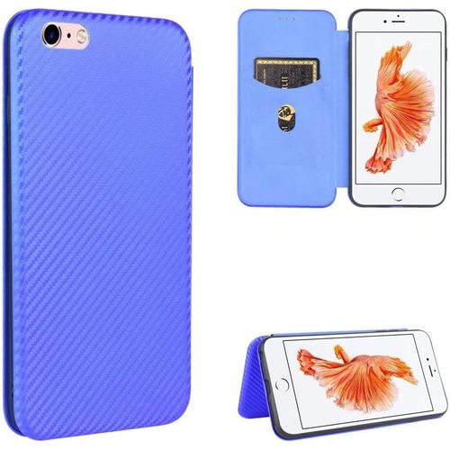 Compatible Avec Coque Iphone 6 Plus, Mince Flip Fibre De Carbone [Test De Chute] Antichoc Stand Fente Avec Carte, Protecteur D'écran En Verre Trempé*2-Bleu