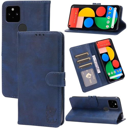 Compatible Con Coque Google Pixel 4a 5g En Cuir Portefeuille Etui Avec Fentes De Cartes, Fonction Support+Film De Protection D?Écran, Flip Case Housse-Bleu