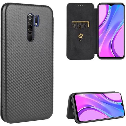 Compatible Avec Coque Xiaomi Redmi 9, Mince Flip Fibre De Carbone [Test De Chute] Antichoc Stand Fente Avec Carte, Protecteur D'écran En Verre Trempé*2-Noir