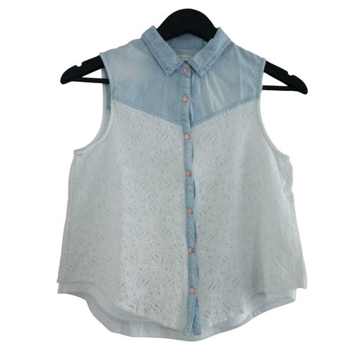 Top. Chemise Sans Manche Bleu Et Blanc. Dentelle. Gemo. Coton. Taille 14 Ans