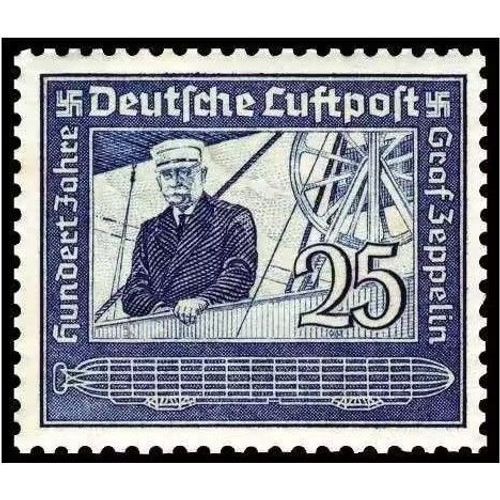Allemagne, 3ème Reich 1938, Très Beau Timbre Neuf** Luxe Yvert 57, Poste Aérienne, Le Comte Von Zeppelin Représenté Dans La Nacelle D'un Ancien Dirigeable À L'occasion Du Centenaire De Sa Naissance, -