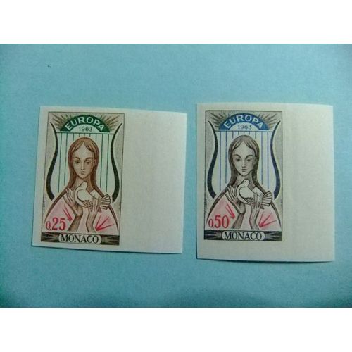 Monaco 1963 Europe Cept Lyree Et Femme Avec Colombe Yvert 618/619 ** Mnh Non Denteleé