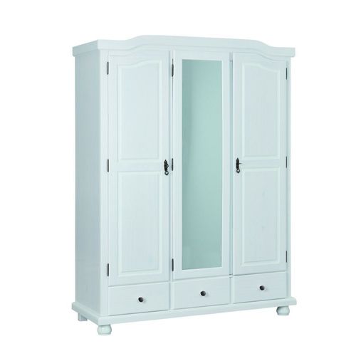 Armoire 3 Portes Et 3 Tiroirs En Pin Massif Blanc Chambery