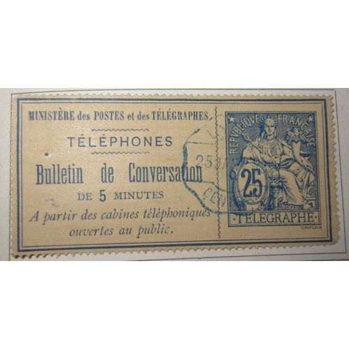  Timbre Téléphone France 1885-87 Yvert Et Tellier N°3 25c Bleu Sur Chamois Oblitéré