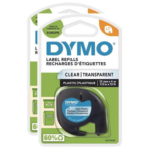 Dymo Lot De 2 Cassettes Ruban Letratag Polyester 12 Mm X 4 M Noir Sur Transparent