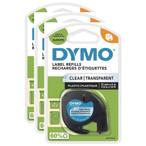 Dymo Lot De 3 Cassettes Ruban Letratag Polyester 12 Mm X 4 M Noir Sur Transparent