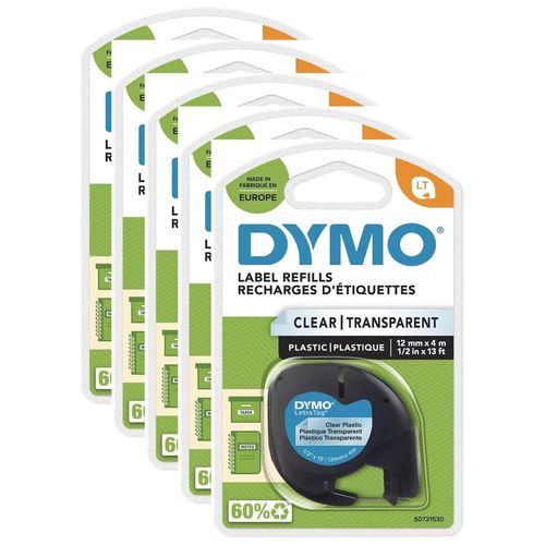 Dymo Lot De 5 Cassettes Ruban Letratag Polyester 12 Mm X 4 M Noir Sur Transparent