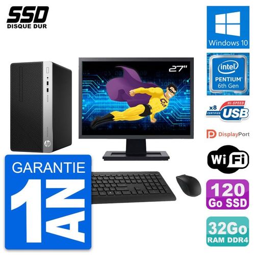 PC Tour HP 400 G4 MT Ecran 27" Pentium G4400 RAM 32Go SSD 120Go Windows 10 Wifi