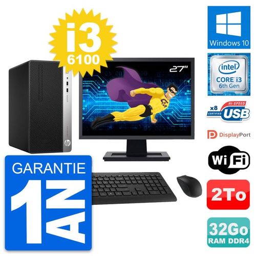 PC Tour HP 400 G4 MT Ecran 27" Intel i3-6100 RAM 32Go Disque 2To Windows 10 Wifi