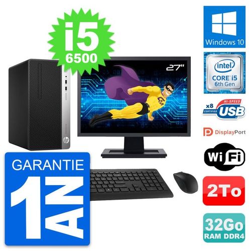 PC Tour HP 400 G4 MT Ecran 27" Intel i5-6500 RAM 32Go Disque 2To Windows 10 Wifi