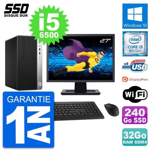 PC Tour HP 400 G4 MT Ecran 27" Intel i5-6500 RAM 32Go SSD 240Go Windows 10 Wifi