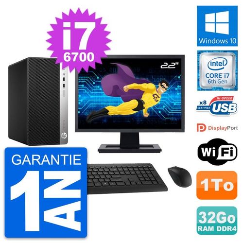 PC Tour HP 400 G4 MT Ecran 22" Intel i7-6700 RAM 32Go Disque 1To Windows 10 Wifi