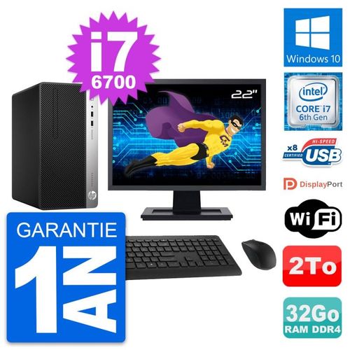 PC Tour HP 400 G4 MT Ecran 22" Intel i7-6700 RAM 32Go Disque 2To Windows 10 Wifi