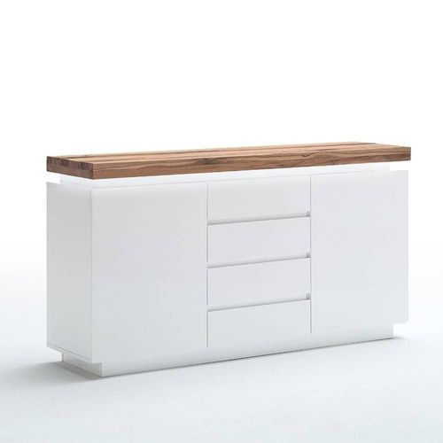Buffet Romina 2 Portes 4 Tiroirs Laqué Blanc Mat Plateau Chêne Noueux Huilé
