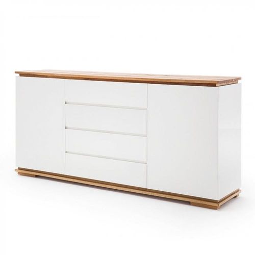 Buffet Charly 2 Portes 4 Tiroirs Laqué Blanc Mat Plateau Et Socle Chêne Noueux Huilé