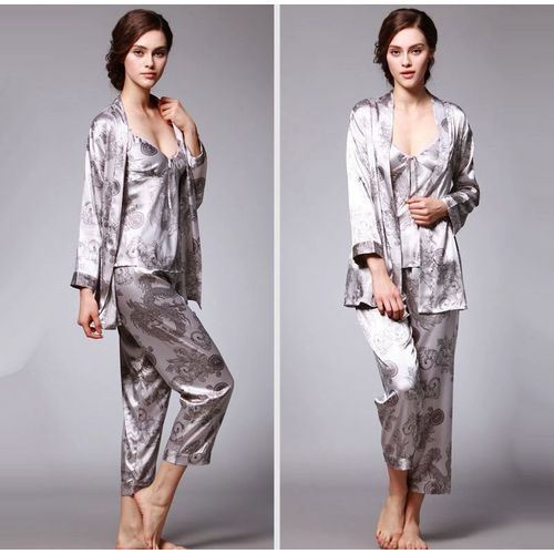 Ensemble 3 Pcs Nuit Homewear Pyjama S.E.X.Y Satin (Kimono + Nuisette + Pantacourt) - Taille 38 / 40 / 42 (Xl / Xxl / 3xl)
