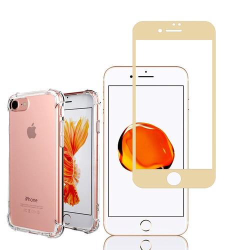 Coque Silicone Tpu Souple Pour Apple Iphone 7 4.7" Anti-Choc Ultra Résistant Avec Coins Renforcés - Transparent + 1 Film Verre Trempé Incurvé - Or (Gold)