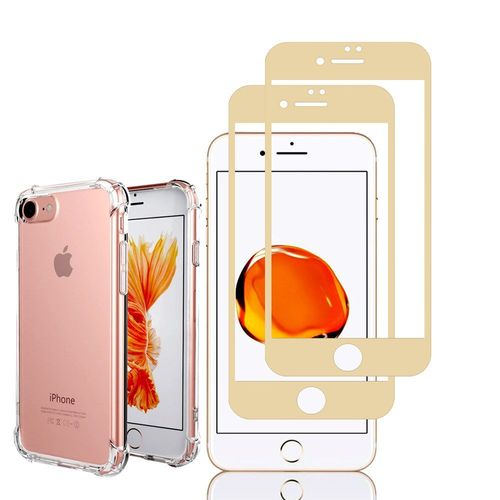 Coque Silicone Tpu Souple Pour Apple Iphone 7 4.7" Anti-Choc Ultra Résistant Avec Coins Renforcés - Transparent + 2 Films Verre Trempé Incurvé - Or (Gold)