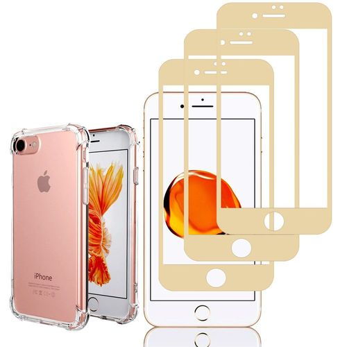 Coque Silicone Tpu Souple Pour Apple Iphone 7 4.7" Anti-Choc Ultra Résistant Avec Coins Renforcés - Transparent + 3 Films Verre Trempé Incurvé - Or (Gold)