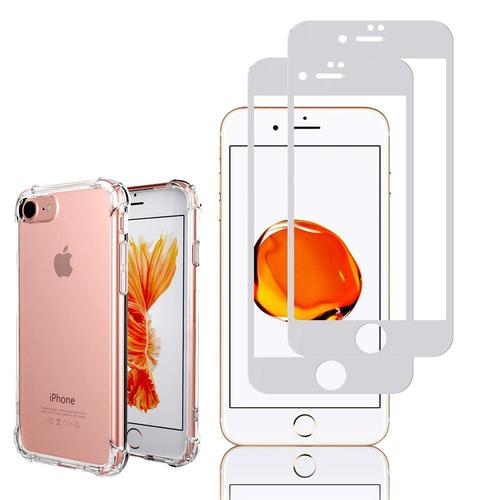 Coque Silicone Tpu Souple Pour Apple Iphone 7 4.7" Anti-Choc Ultra Résistant Avec Coins Renforcés - Transparent + 2 Films Verre Trempé - Blanc