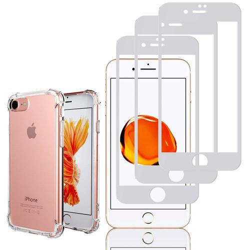 Coque Silicone Tpu Souple Pour Apple Iphone 7 4.7" Anti-Choc Ultra Résistant Avec Coins Renforcés - Transparent + 3 Films Verre Trempé - Blanc