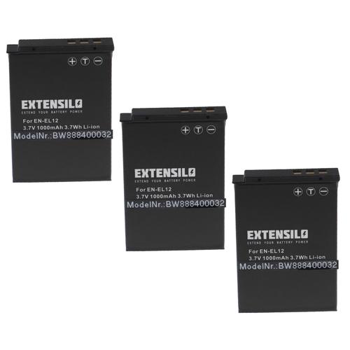 EXTENSILO 3x Batteries compatible avec Nikon CoolPix S610, S620, S630, S6100, S6150, S6200 appareil photo, reflex numérique (1000mAh, 3,7V, Li-ion)