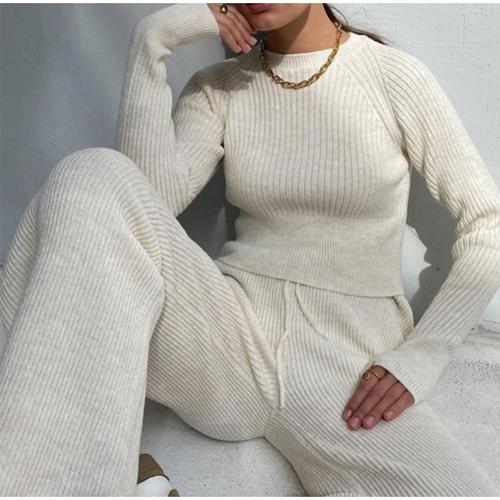 Loungewear Ensemble côtelé pour femme - Combinaison en tricot 2 pièces -  Col roulé - Pull en tricot et pantalon large - Combinaison de sport 
