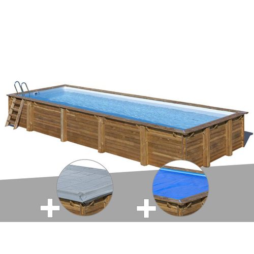 Kit piscine bois Gré Mint 10,10 x 4,18 x 1,46 m + Bâche hiver + Bâche à bulles