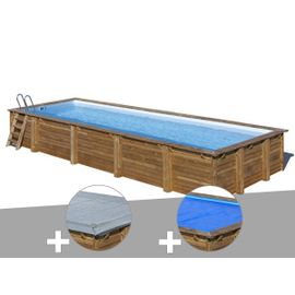 Kit piscine bois Gré Mint 10,10 x 4,18 x 1,46 m + Bâche hiver + Bâche à bulles