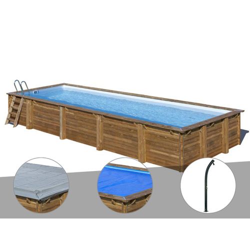 Kit piscine bois Gré Mint 10,10 x 4,18 x 1,46 m + Bâche hiver + Bâche à bulles + Douche