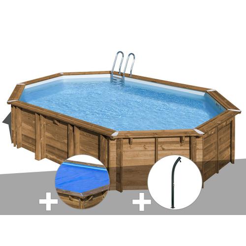 Kit piscine bois Gré Avocado 6,56 x 4,56 x 1,27 m + Bâche à bulles + Douche