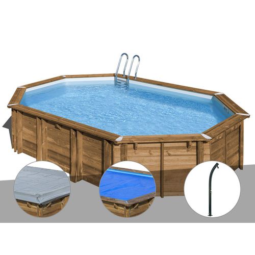 Kit piscine bois Gré Avocado 6,56 x 4,56 x 1,27 m + Bâche hiver + Bâche à bulles + Douche