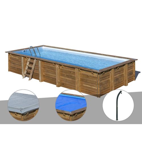 Kit piscine bois Gré Braga 8,15 x 4,20 x 1,46 m + Bâche hiver + Bâche à bulles + Douche