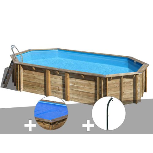 Kit piscine bois Gré Orange 7,55 x 4,56 x 1,46 m + Bâche à bulles + Douche