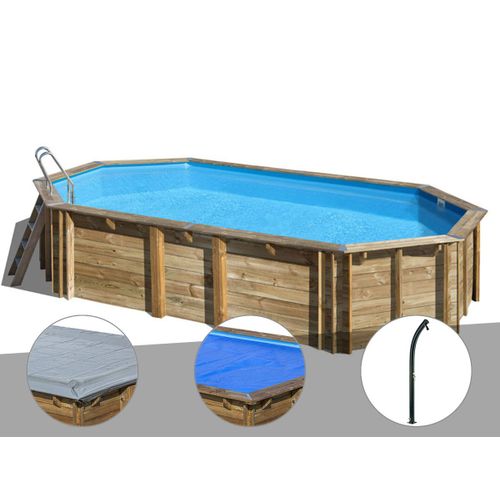 Kit piscine bois Gré Orange 7,55 x 4,56 x 1,46 m + Bâche à bulles + Bâche hiver + Douche